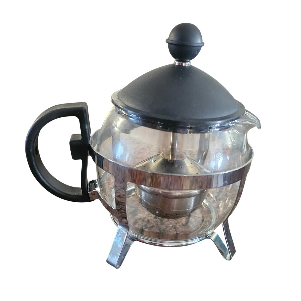 Pyrex Glass‎ Teapot with Stainless Steel Infuser and Chrome Frame Black Handle